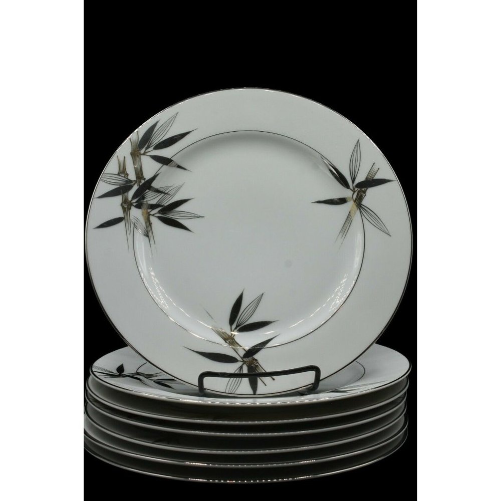 7 Wako China Dinner Plates Gold Bamboo Silver Leav